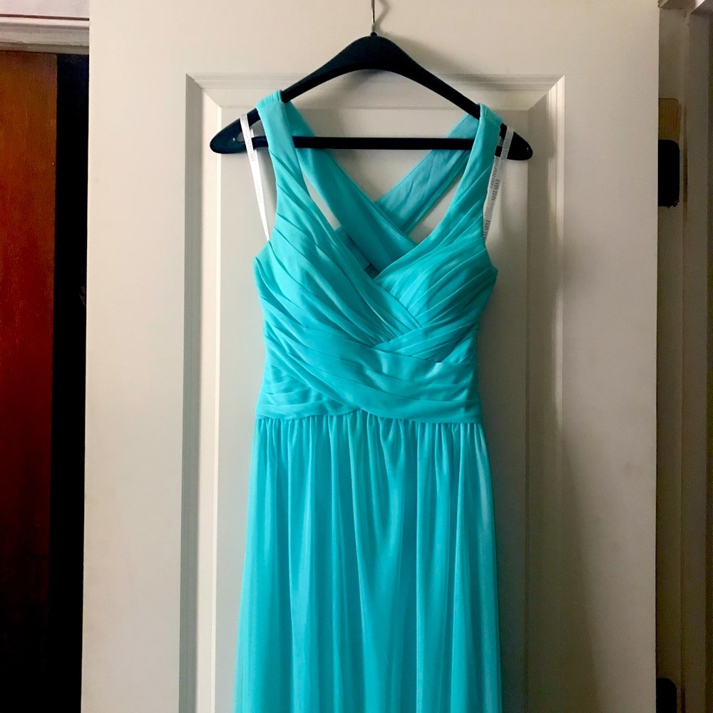 David’s bridal bridesmaid mesh dress in spa turquoise criss cross back